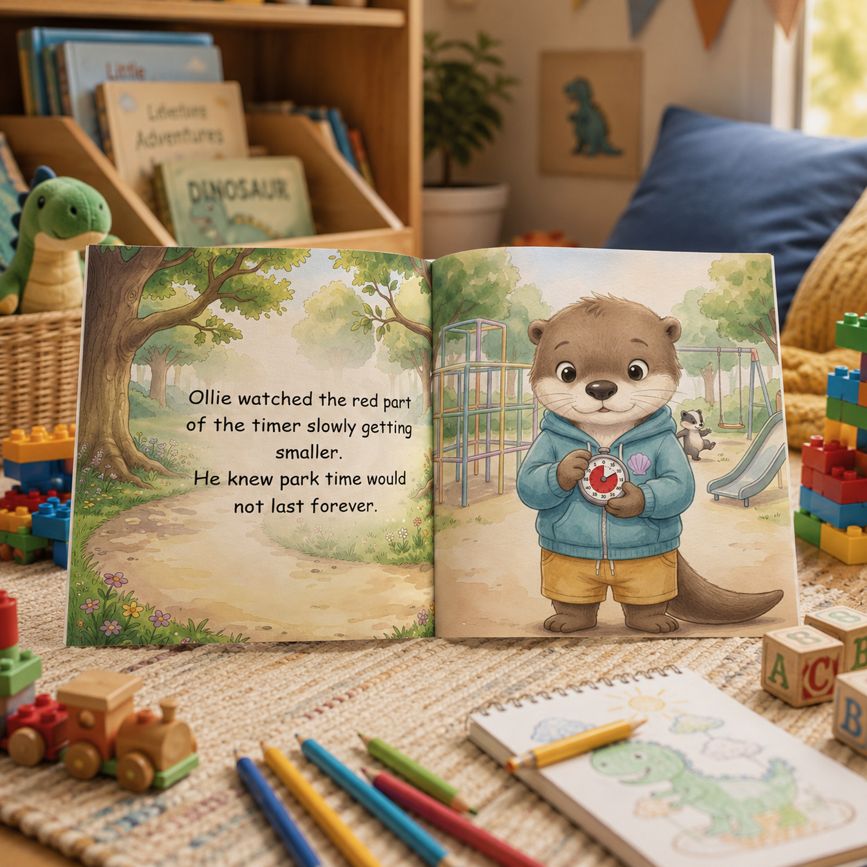 Interior spread showing Ollie Otter watching a playground transition timer visual.