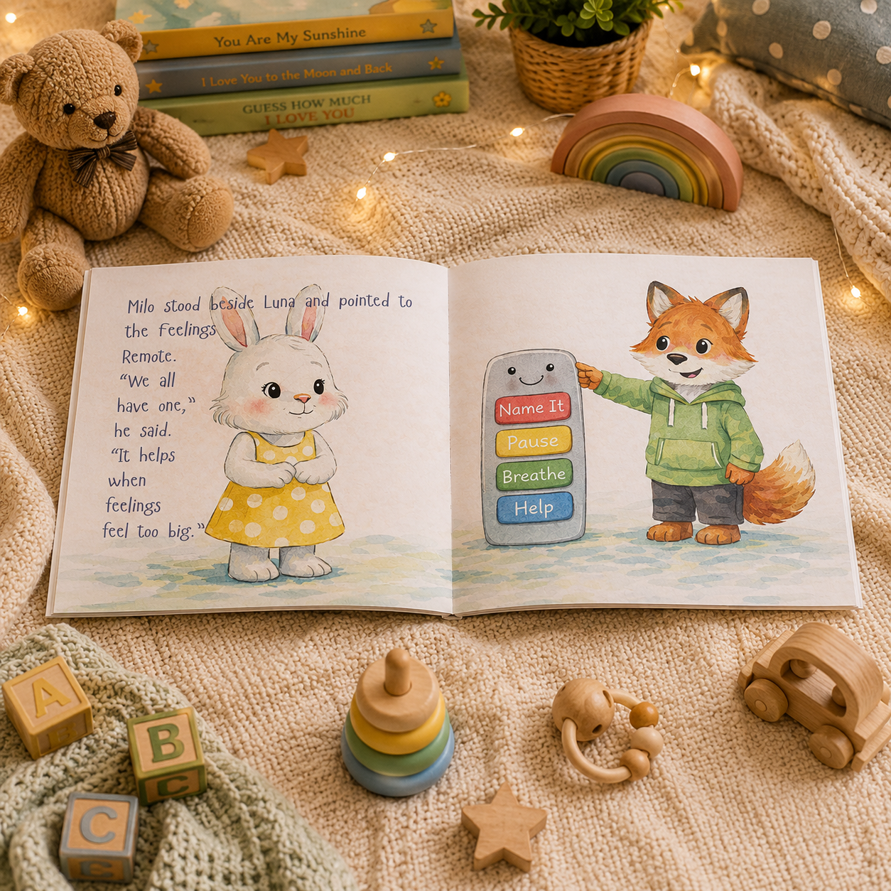 Interior spread of the Feelings Remote showing Name It, Pause, Breathe, Ask for Help - self regulation tools for toddlers.