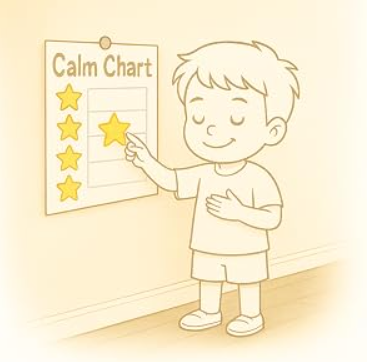Illustration of a young boy placing a star on his calm chart from the book.
