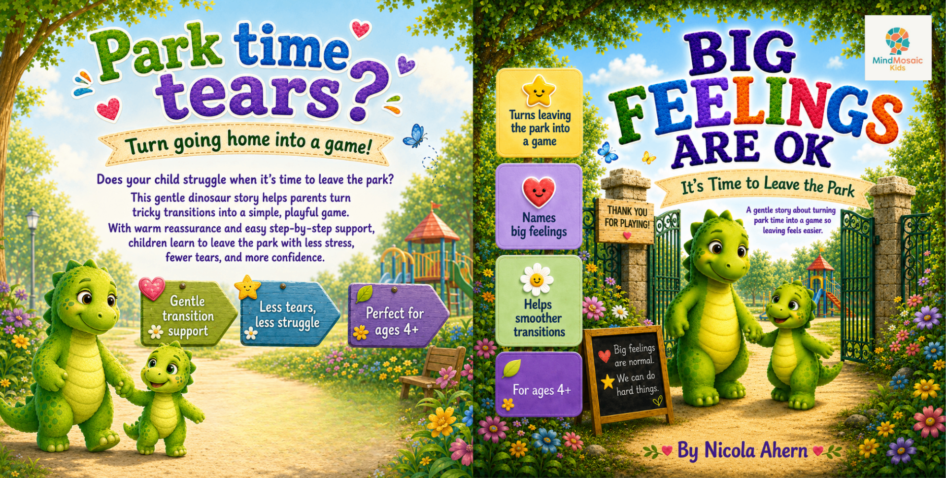 Interior spread of Little Dinosaur practising a park exit routine and stopping play visual strategy.