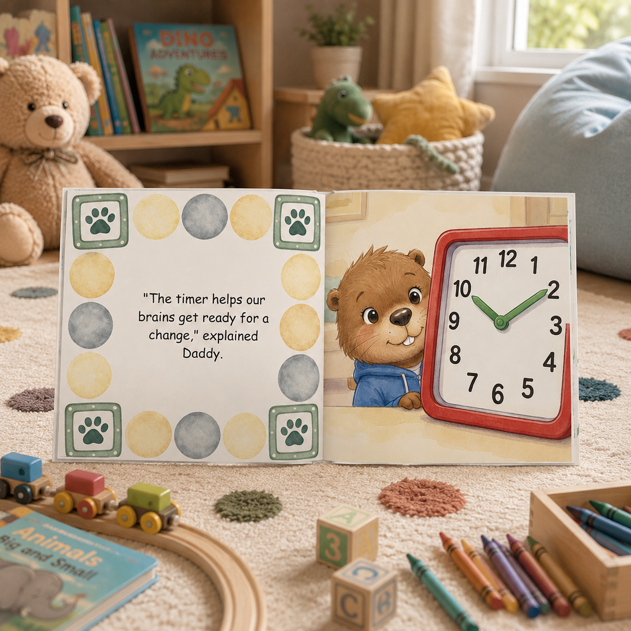 Interior spread showing a visual schedule for screen time with Benny Beaver.