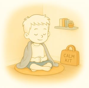 Illustration of a young boy sitting calmly cross-legged with his calm-down kit beside him.
