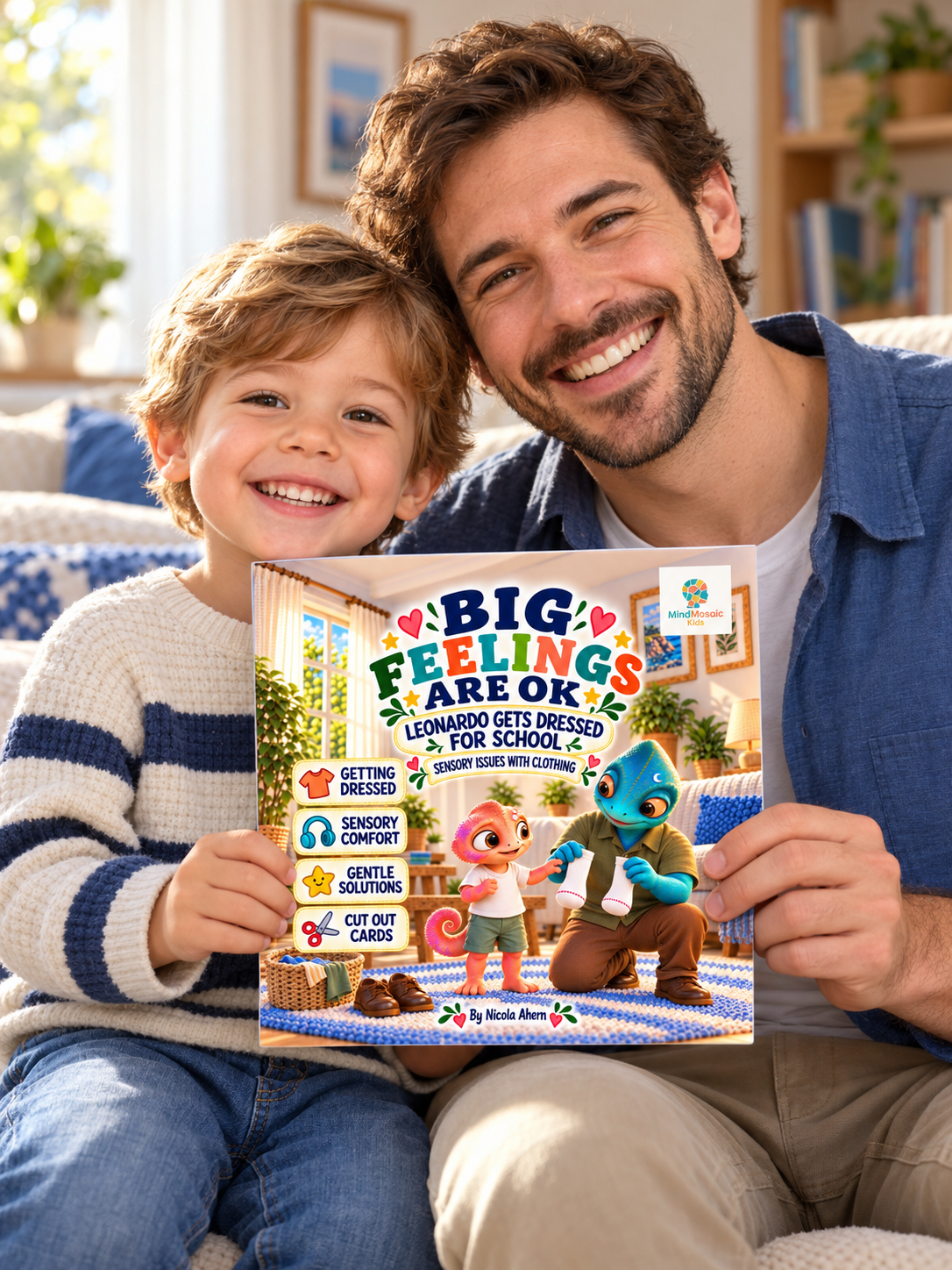 A dad and his son reading Big Feelings Are OK: Leonardo Gets Dressed for School together on the sofa.