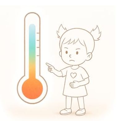 Interior illustration of a little girl next to a feelings thermometer.