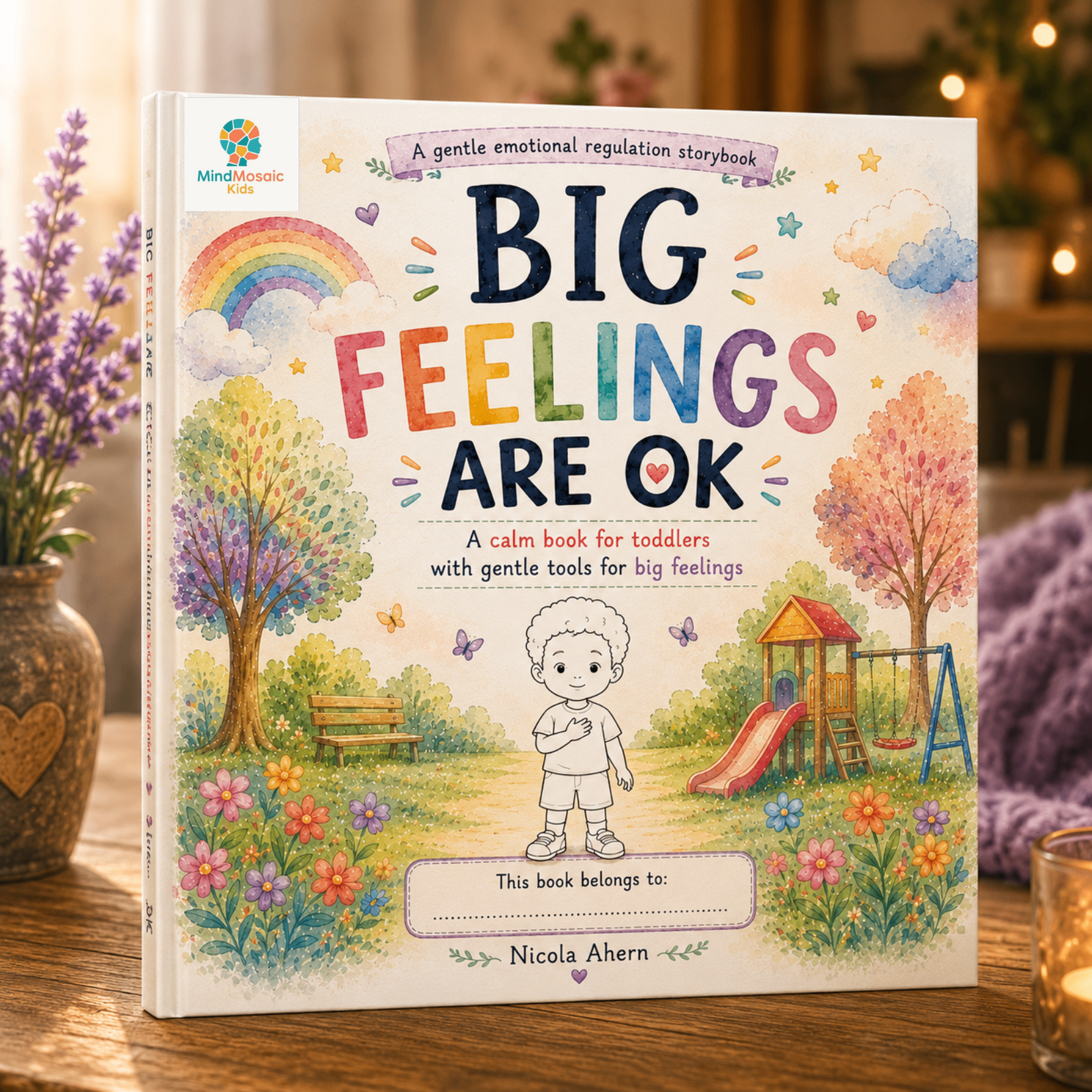 Big Feelings Are OK toddler book displayed with a soft, cosy home backdrop.