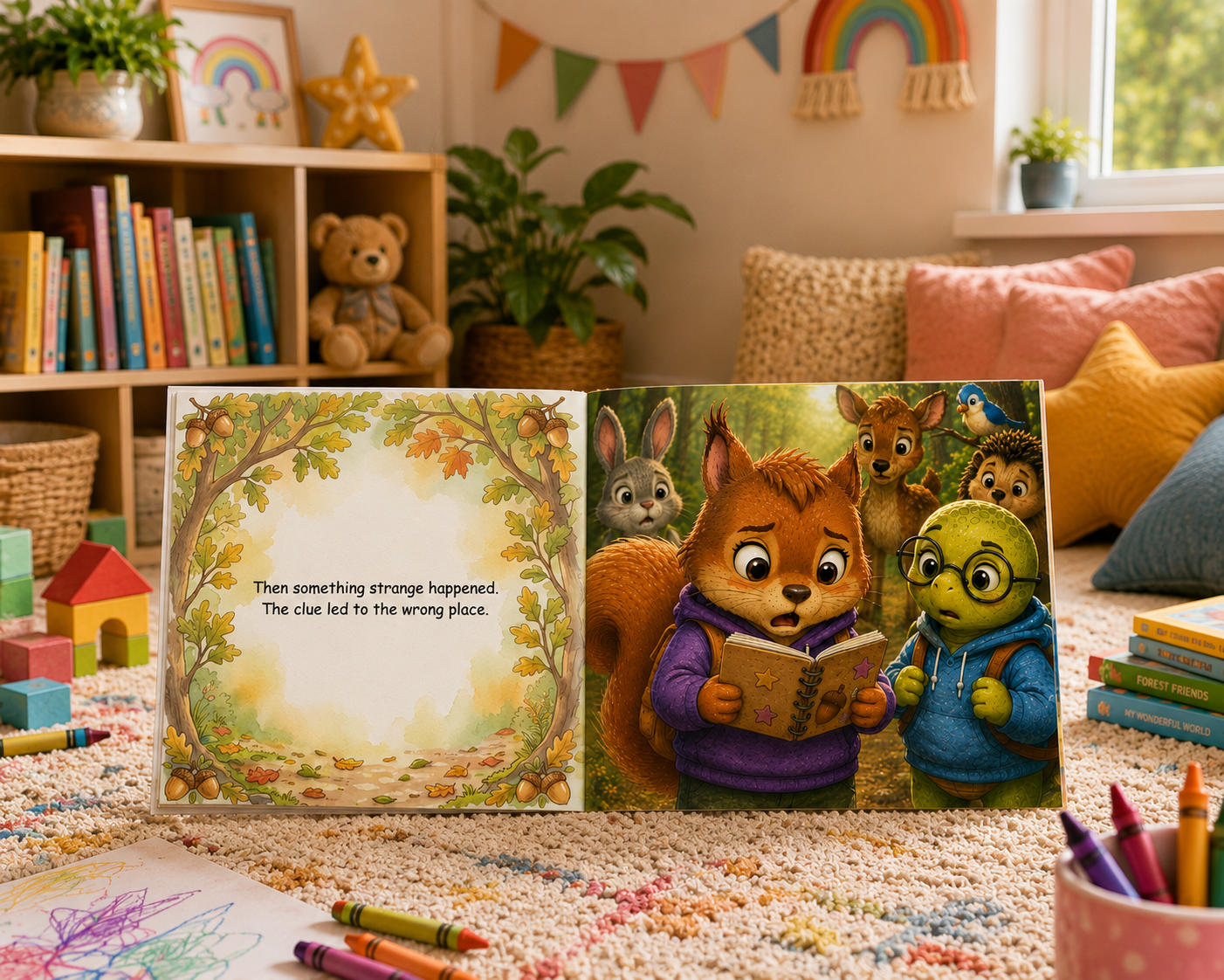Interior spread of Sammy Squirrel and Toby Turtle - calming down after making a mistake.