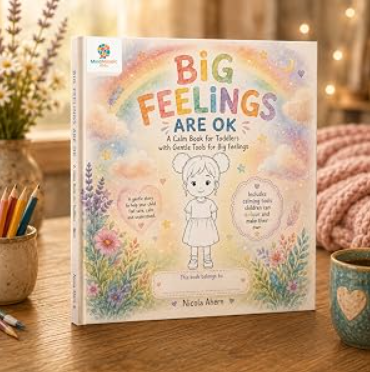 Big Feelings Are OK toddler book displayed in a warm, cosy home setting.