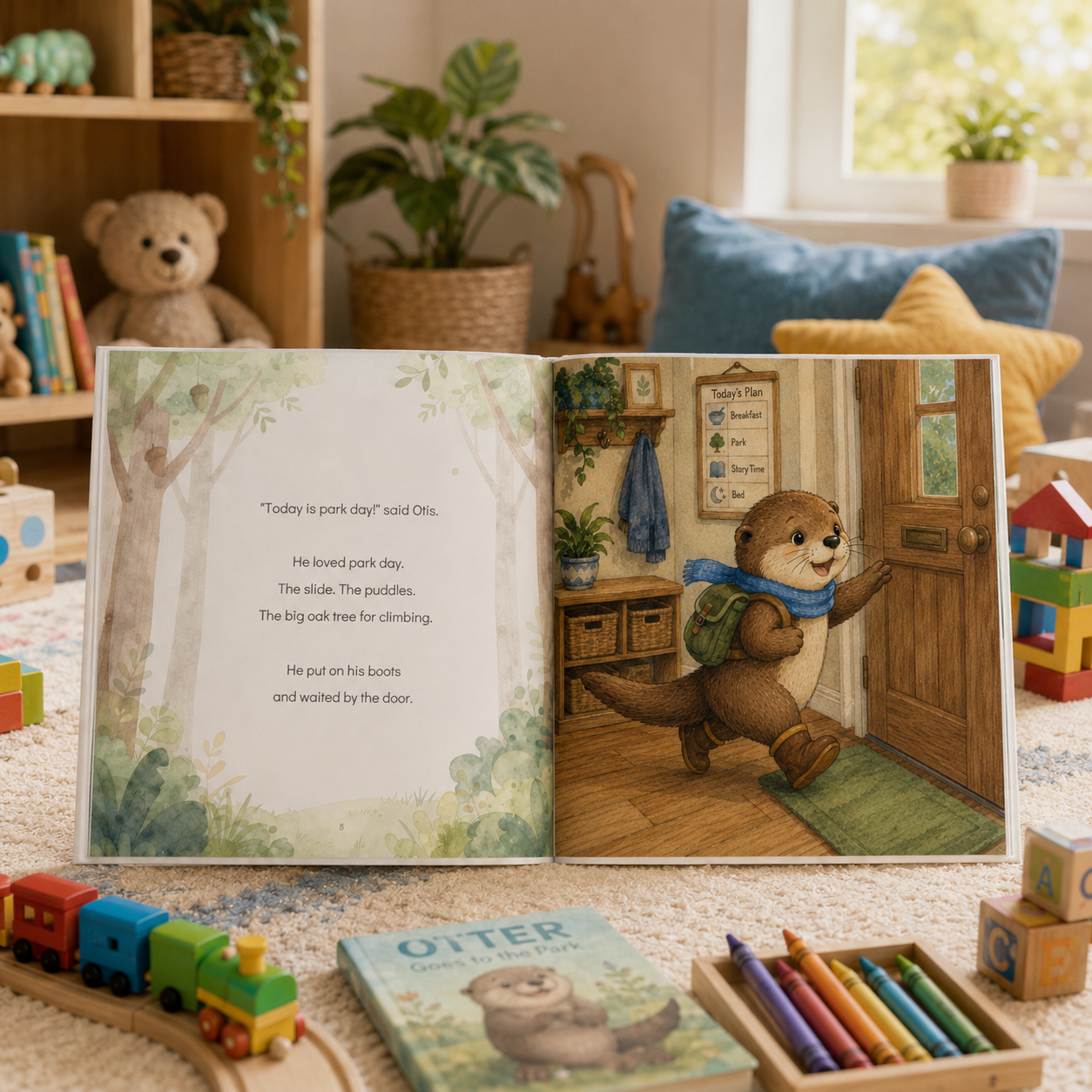 Interior spread of Otis the Otter with a now-and-next visual for coping with changed plans.