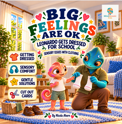 Front cover of Big Feelings Are OK: Leonardo Gets Dressed for School - a gentle story about sensory issues with clothing, with cut-out cards.