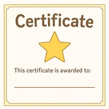 Illustrated 'Certificate' award page from the book, ready for a child's name.